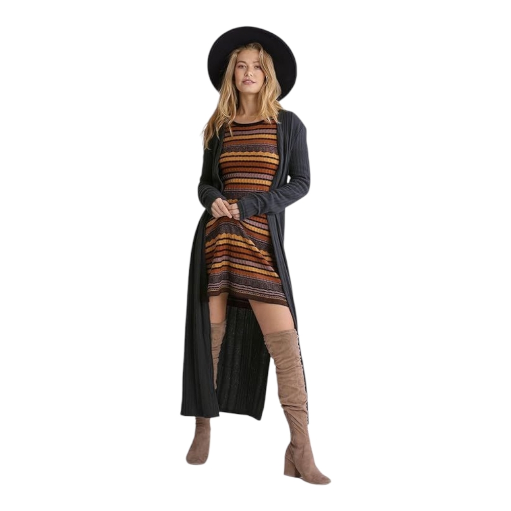 Umgee NWT Long Sleeve Open Front Knitted Long Cardigan Side Slits Small Gray